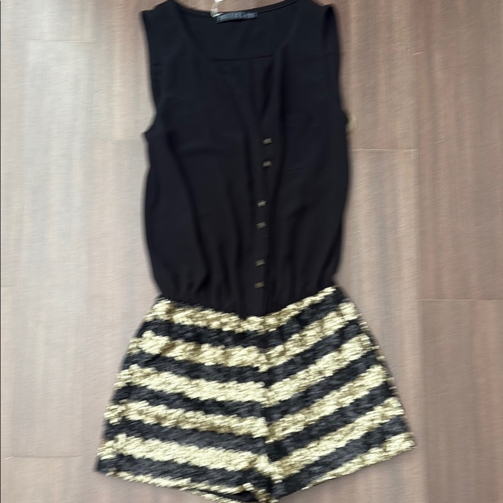 Black and Gold Striped Sequin Romper